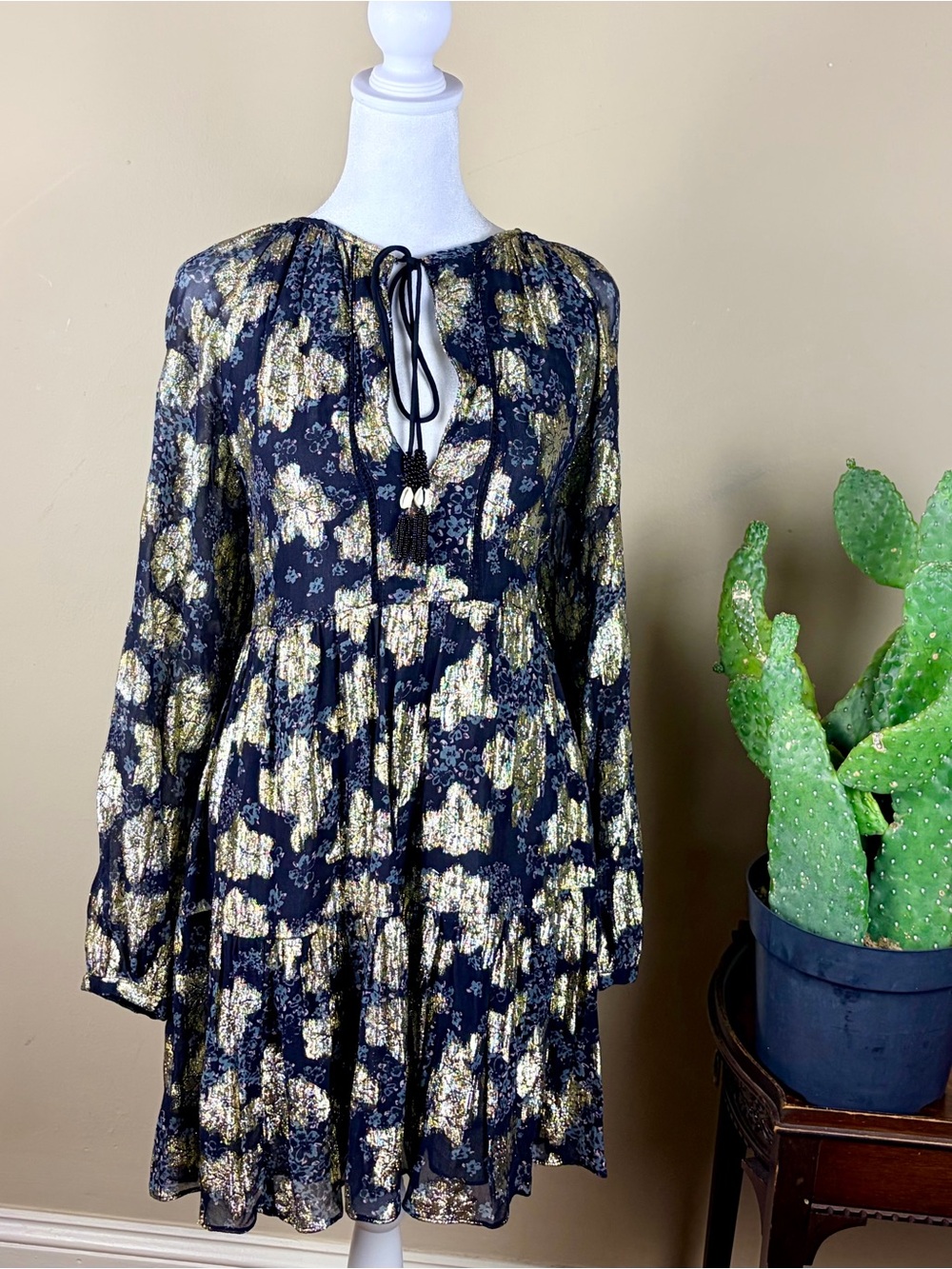 Zara Boho Maximalist Baby Doll Flounce Dress Size M Gold Foil Thread Semi Sheer